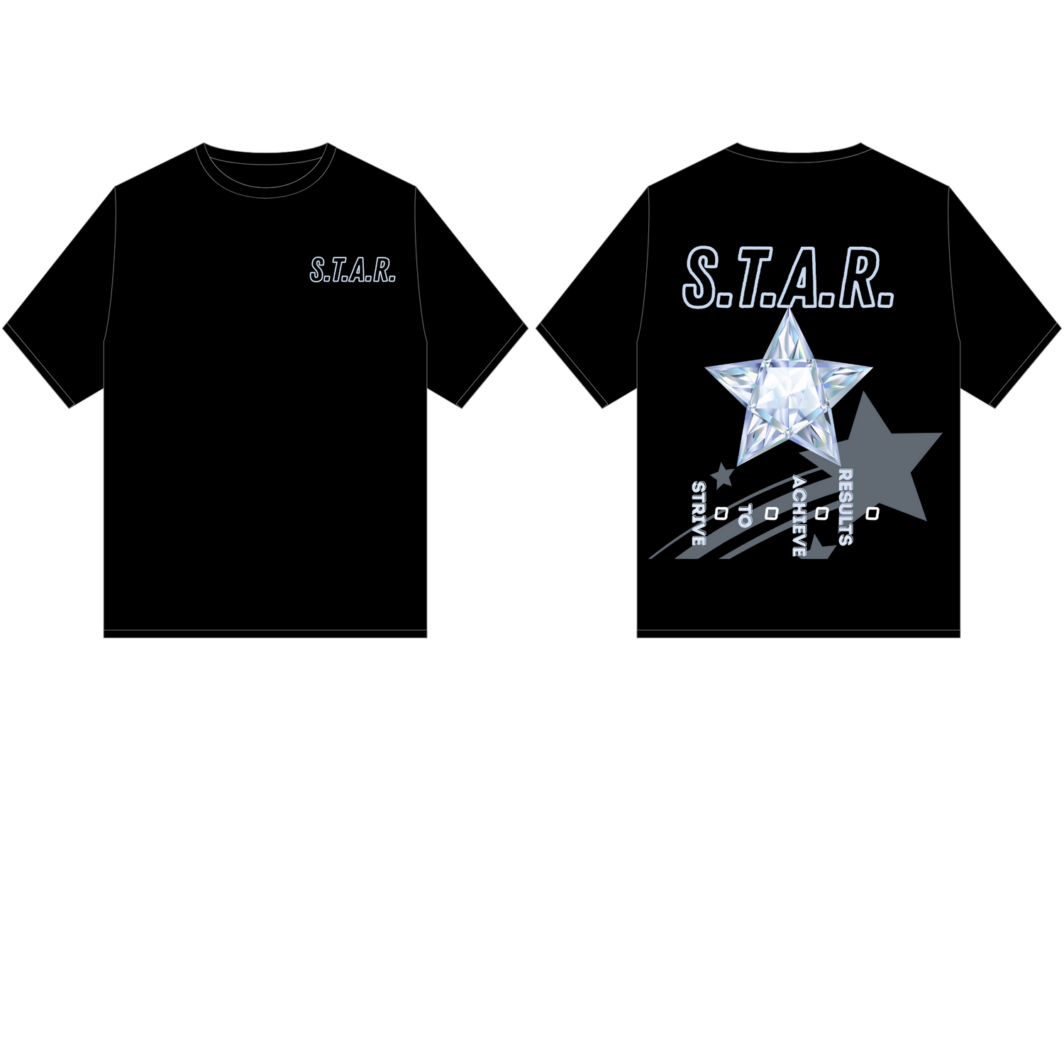 Black t-shirt with 'S.T.A.R.' text on front and star graphic on back